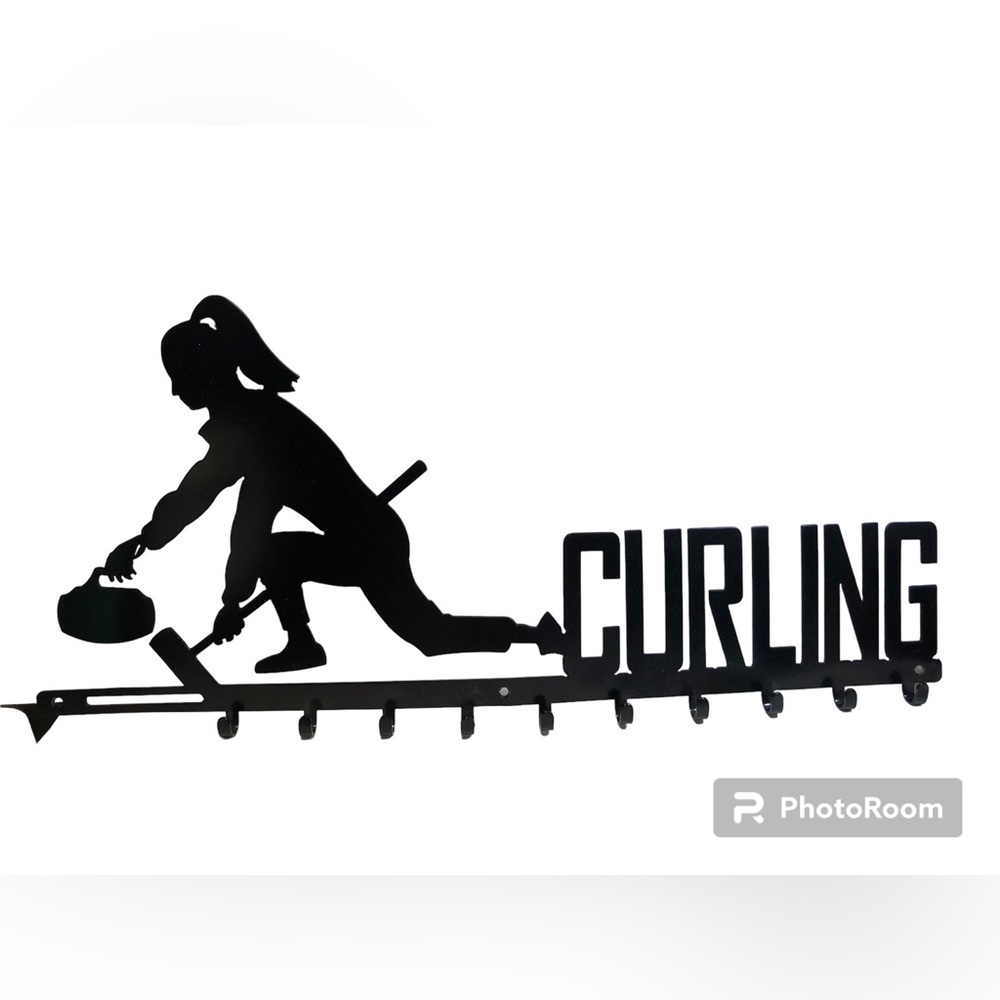 Metal Girls Curling Medal Holder 24” long, 10 hooks to hang medals